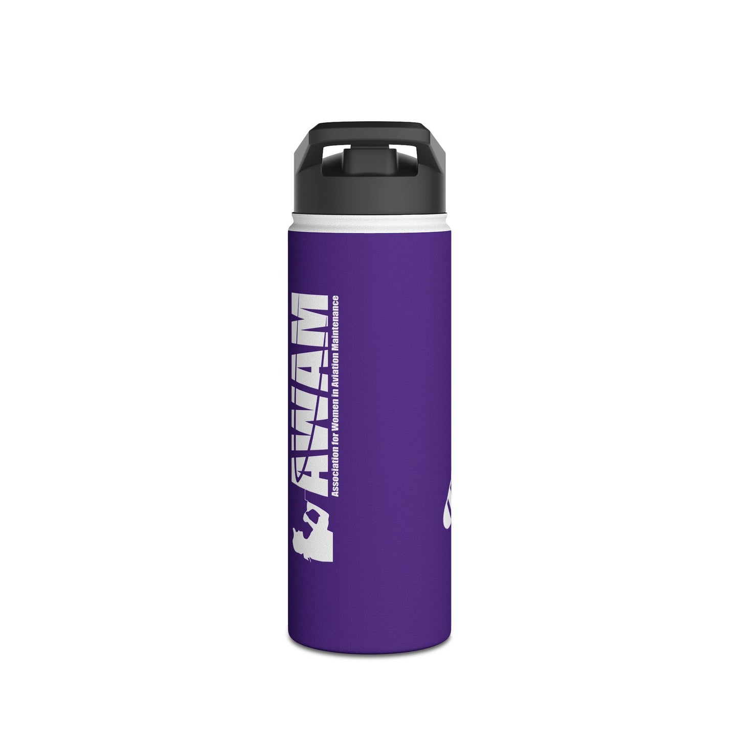 Stainless Steel Water Bottle 18oz - AWAM logo on purple background